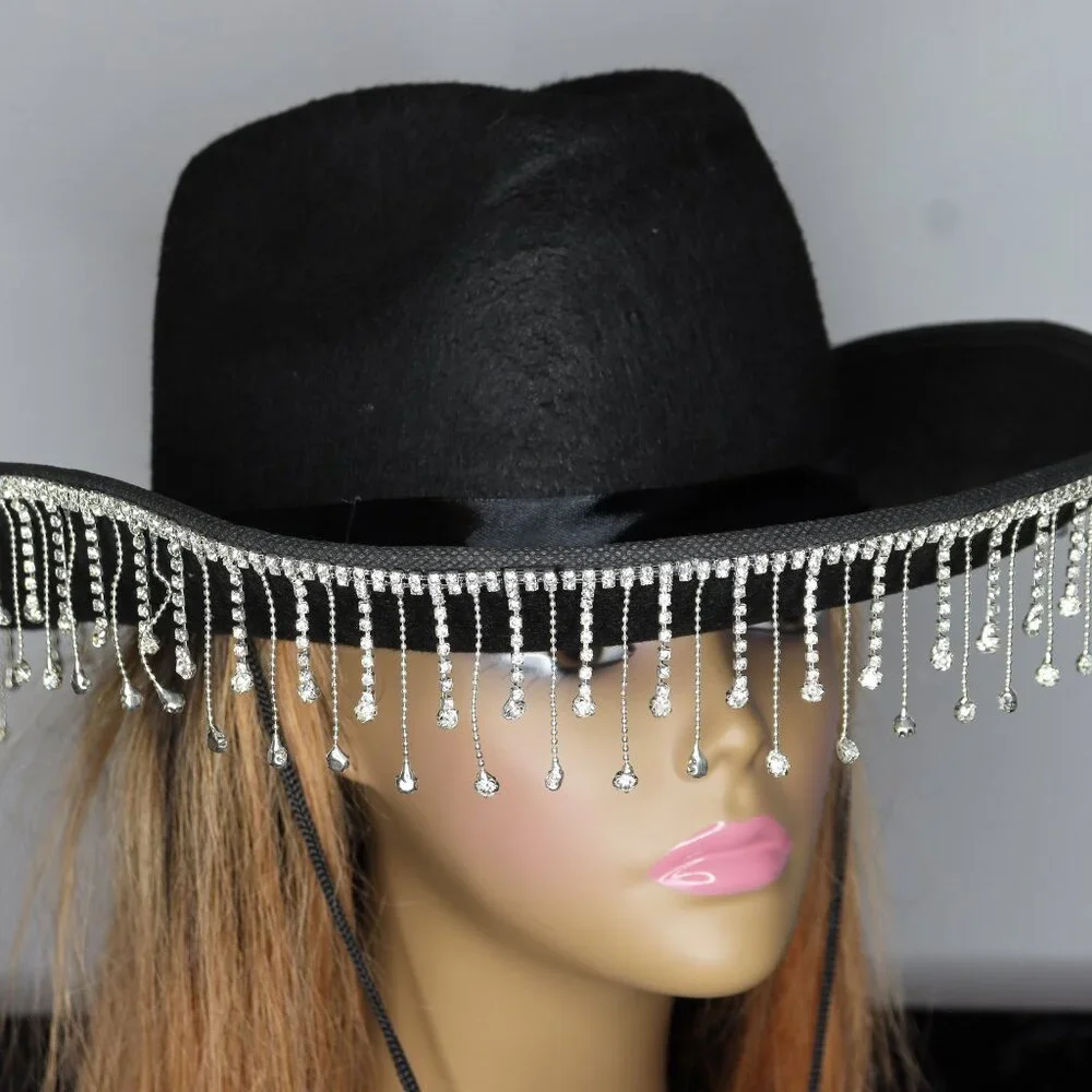 Women's Rhinestone Fringe Cowgirl Hat - Black - Picture 2 of 2